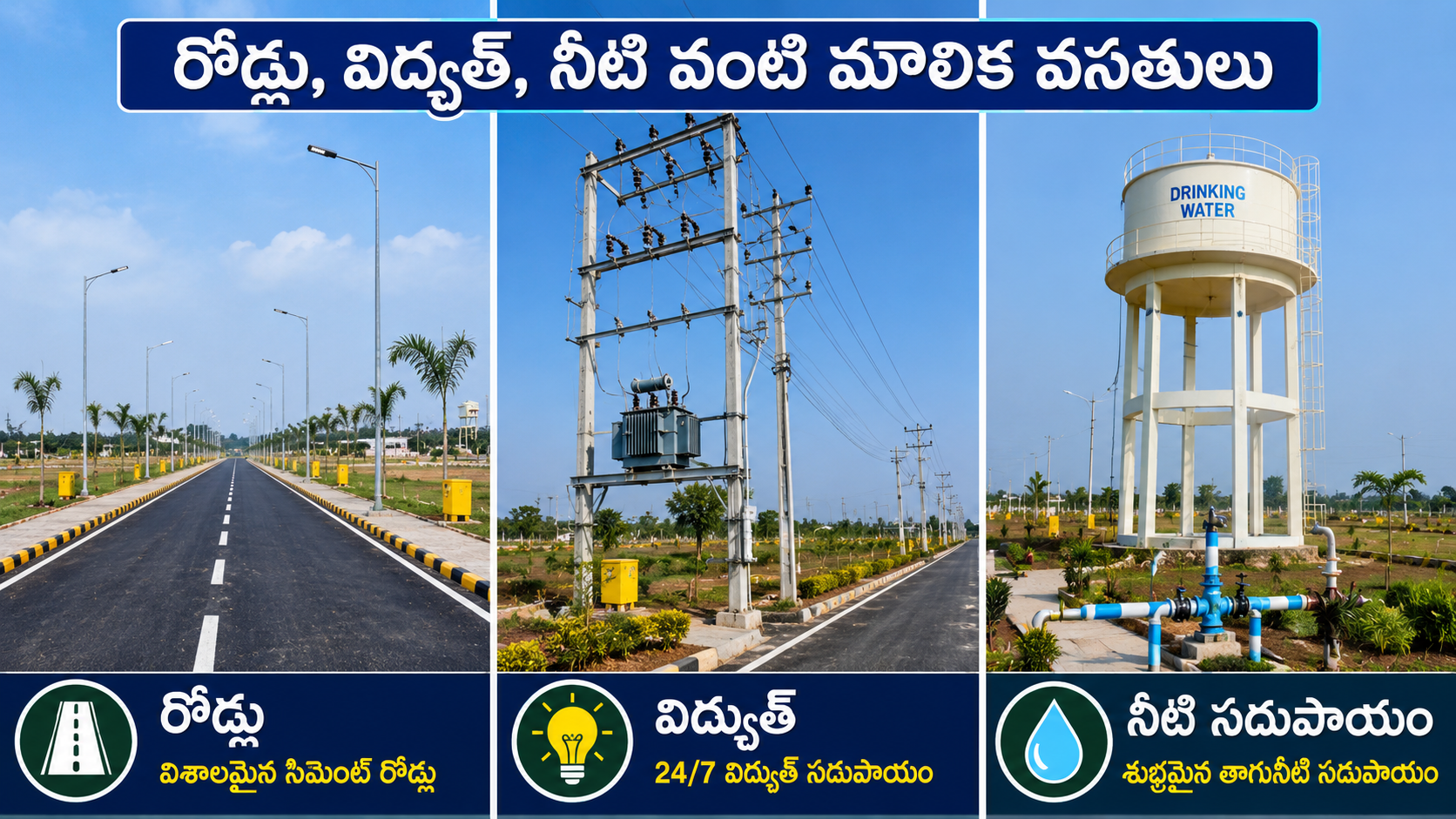 రోడ్లు, విద్యుత్, నీటి వంటి మౌలిక వసతులతో అభివృద్ధి చెందిన వెంచర్ – పెట్టుబడికి ఉత్తమ ఎంపిక