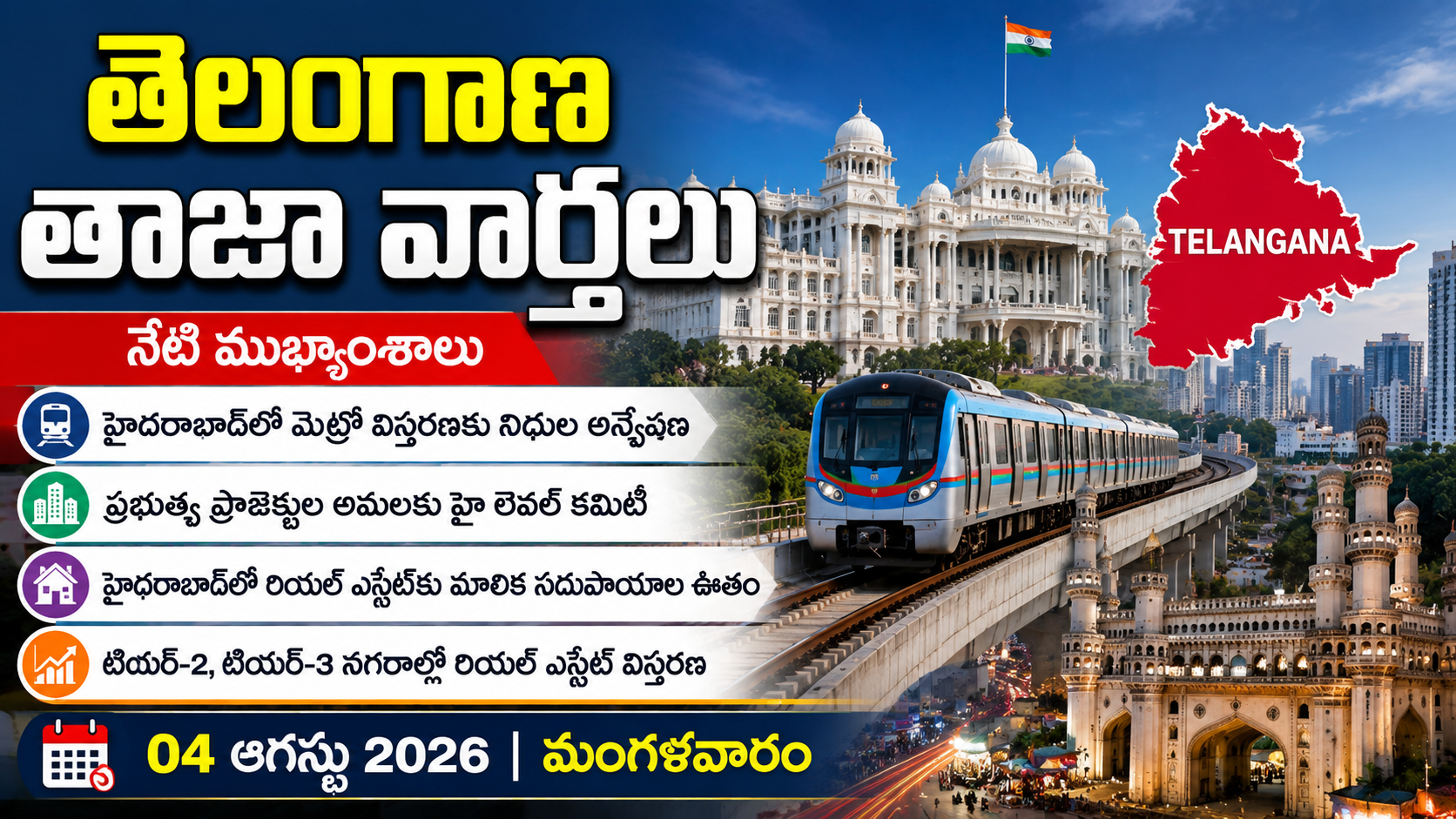 తెలంగాణ నేటి తాజా వార్తలు – హైదరాబాద్ మెట్రో విస్తరణ నుంచి రియల్ ఎస్టేట్ బూమ్ వరకు | 04 ఆగస్టు 2026