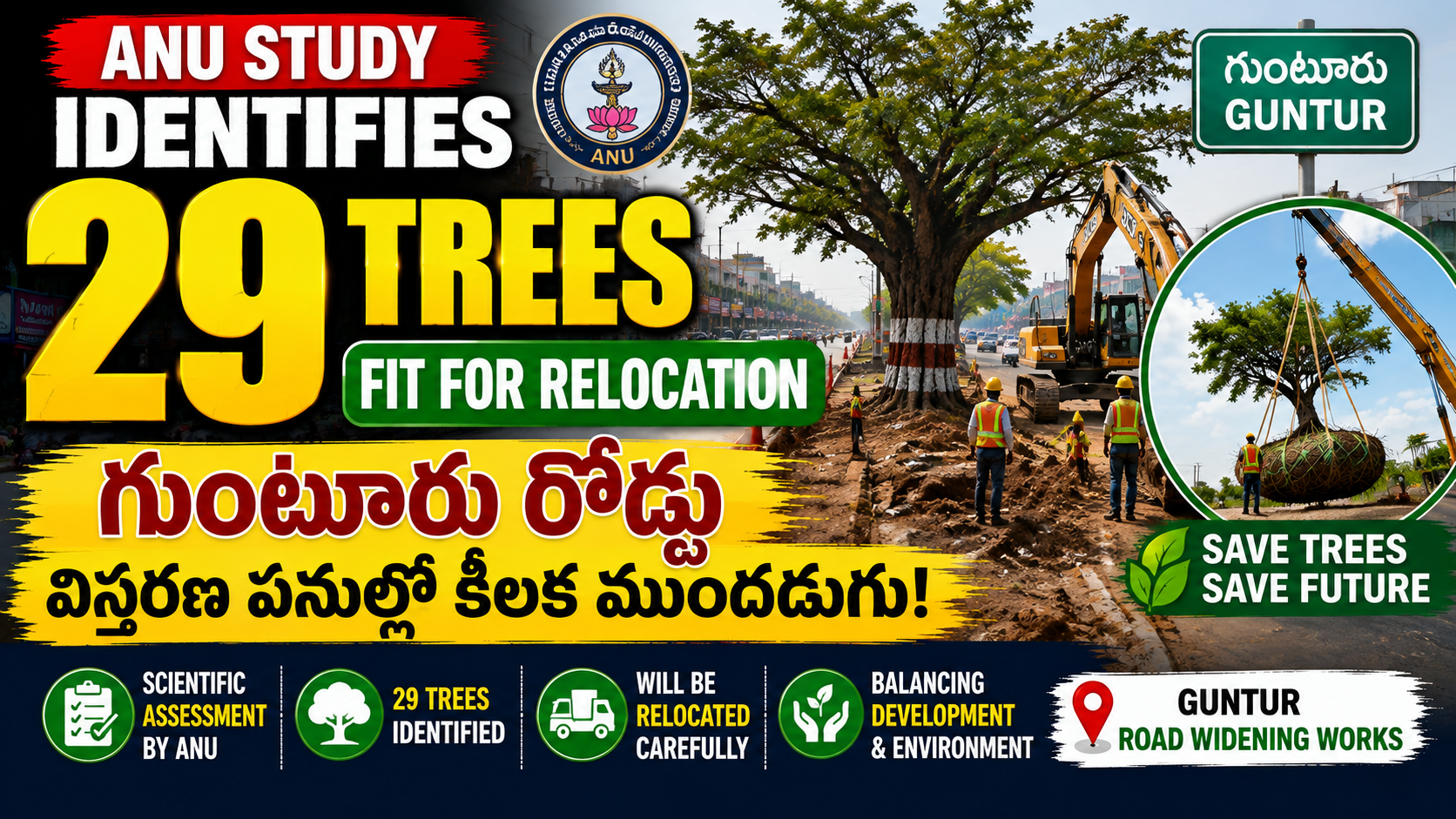 గుంటూరు రోడ్డు విస్తరణలో చెట్లకు కొత్త జీవం..! 🌳 ANU అధ్యయనంలో 29 చెట్లు తరలింపుకు అనుకూలం