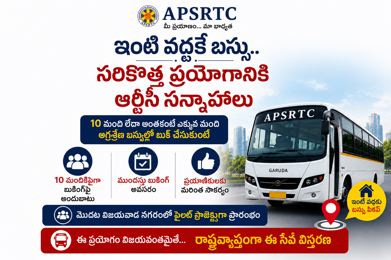 నమస్కారం... ఆంధ్రప్రదేశ్ ఆర్టీసీ ప్రయాణికులకు మరో కొత్త సౌకర్యాన్ని అందించేందుకు సిద్ధమవుతోంది.