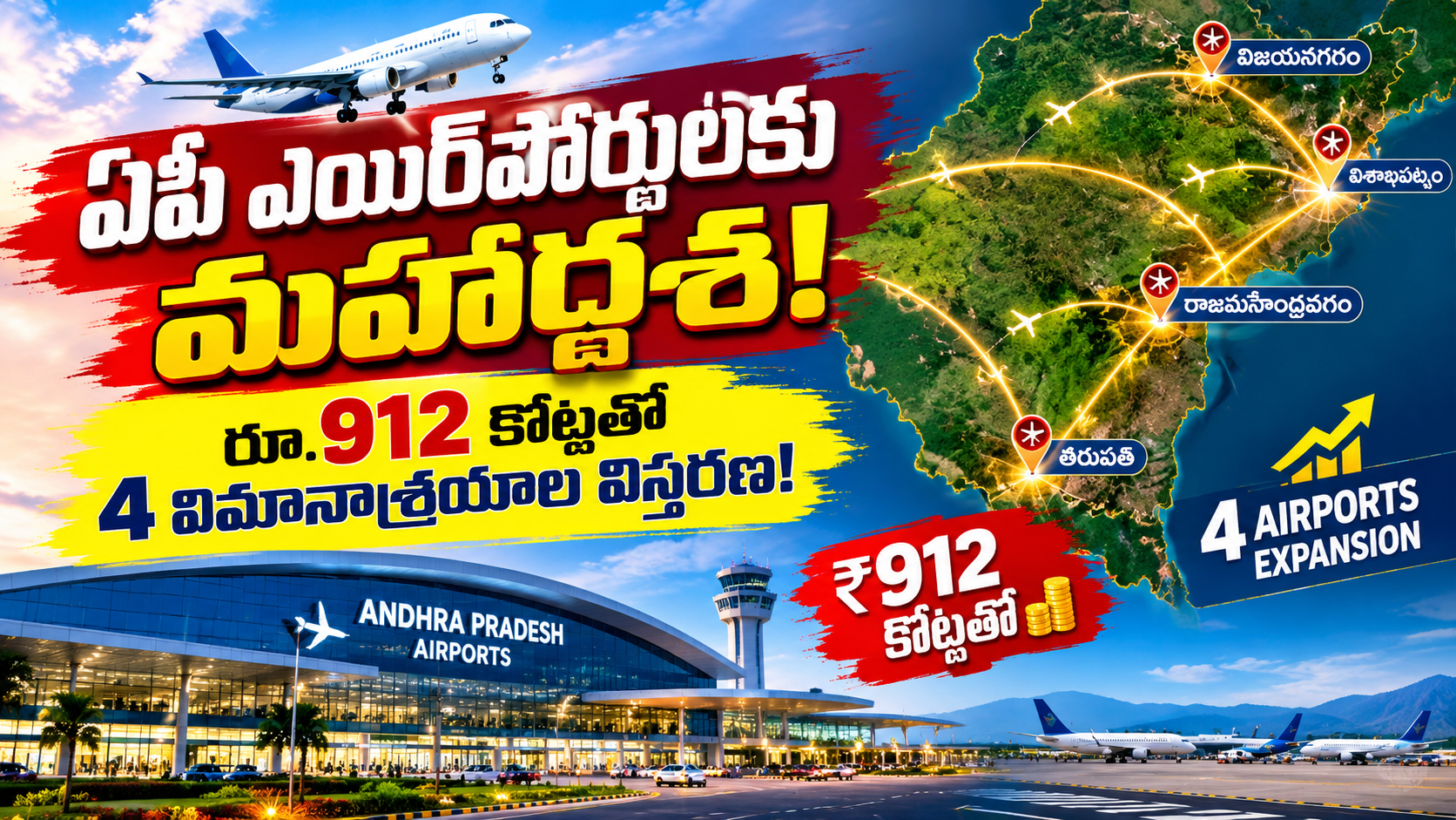 AP Airports Expansion ✈️ | ఏపీ ఎయిర్పోర్టులకు మహర్దశ! రూ.912 కోట్లతో 4 విమానాశ్రయాల విస్తరణ | AP Airport Development 2026